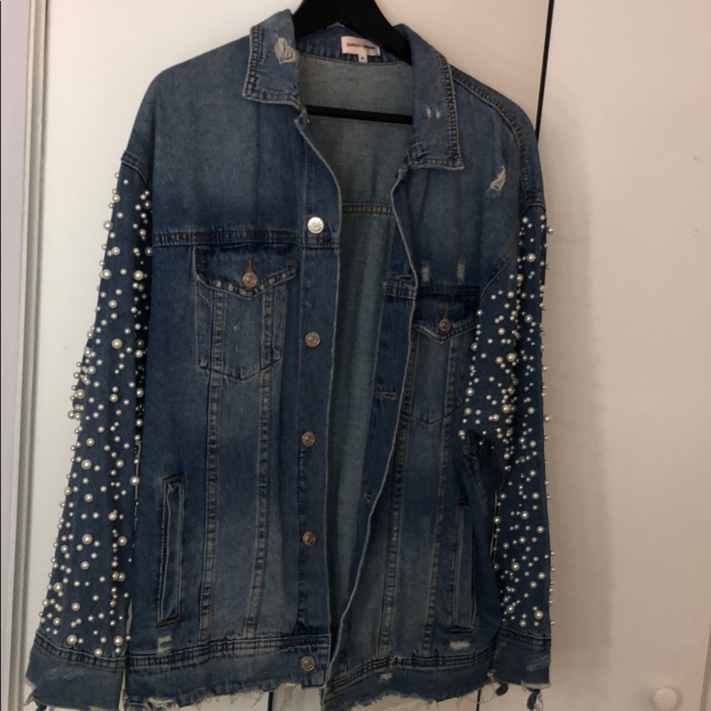 Sunset & Spring pearl Embellished Denim Jacket